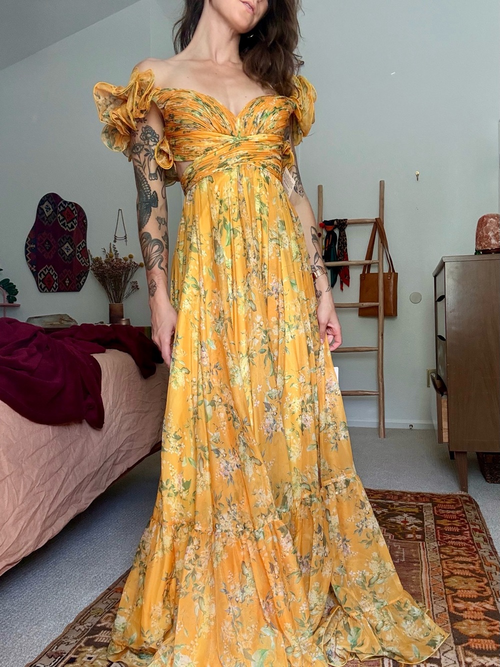 NWT Mac Duggal Yellow Floral Off-Shoulder Maxi Gown